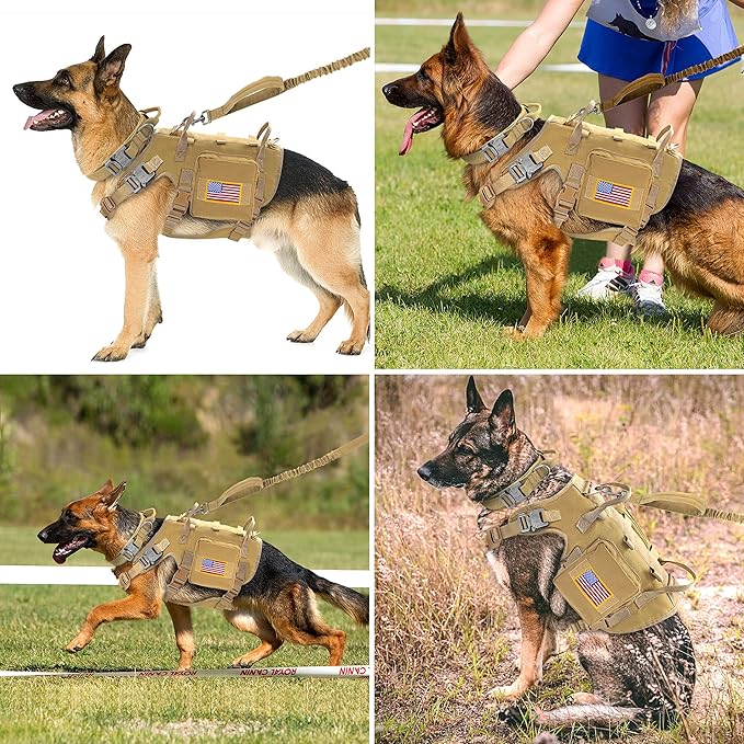 Forestpaw Tactical Dog Harness for Large Dogs,Tactical Dog Collar with Bungee Leash Set,No Pull Military Dog Harness for Dog Walking Training,Adjustable for Medium Large Dogs,Khaki L Forestpaw