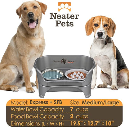 Neater Feeder Express Medium to Large Mess Proof Feeder for Dogs, 2 Cup Slow Feed Bowl & 7 Cup Stainless Steel Water Bowl, No Spill, Non-Tip, Non-Slip, Elevated Dog Bowls. Aids Digestion. Made in USA - PAWPICO