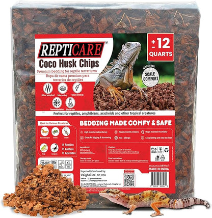 ReptiCare Coconut Husk Chips 12 Quarts of Ready to Use Organic Coco Husk Bedding for Ball Pythons, Snakes, Tortoises, Crested Geckos, Frogs, or Lizard Terrarium Tanks - 2.87 lb Gro-Med