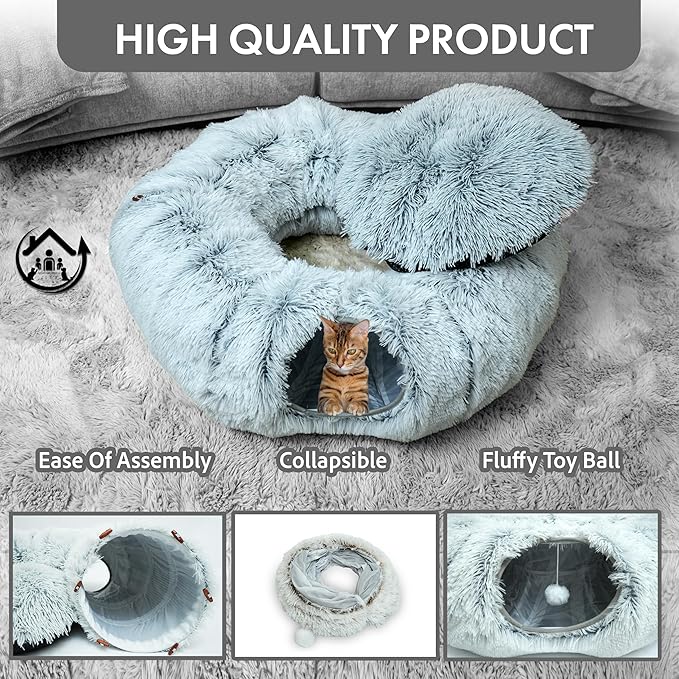 Large Cat Tunnel Bed for Indoor Cats Warm Fluffy Plush Cat Cave Tunnel Bed Collapsible, Washable, 3 Way and Multifunctional with Dangling Balls for Cats, Kittens and Rabbits- Gray - PAWPICO