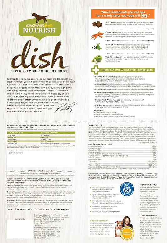 Nutrish Rachael Ray Dish Premium Natural Dry Dog Food, Chicken & Brown Rice Recipe with Veggies & Fruit, 3.75 Pounds - PAWPICO