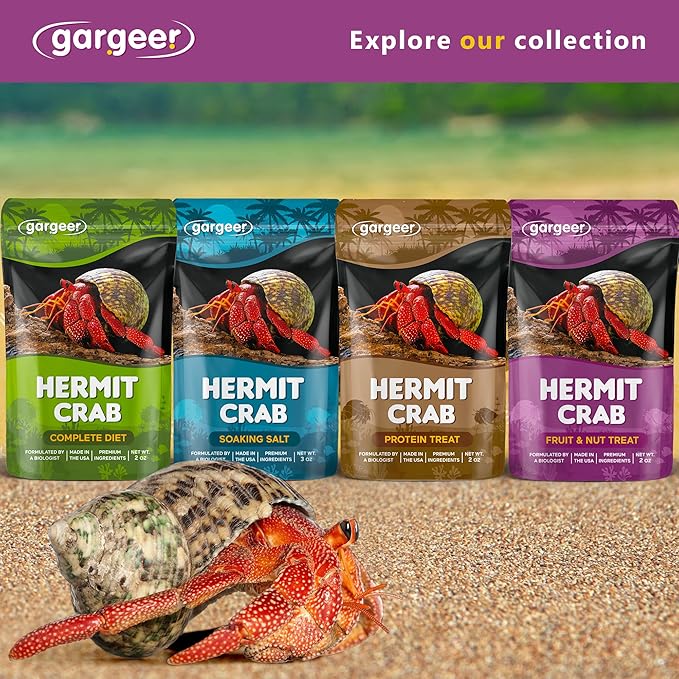 Hermit Crab Fruit and Nuts Treat. Non-GMO Yummy Premium Ingredients, to Meet All Nutritional Needs. 2oz Granular Textured ‘Surprise Your Crab’ Meal. Enjoy! Gargeer