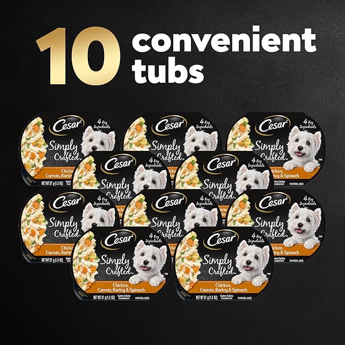 CESAR SIMPLY CRAFTED Adult Wet Dog Food Meal Topper, Chicken, Carrots, Barley & Spinach, 1.3oz., Pack of 10 - PAWPICO