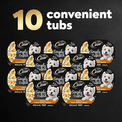 CESAR SIMPLY CRAFTED Adult Wet Dog Food Meal Topper, Chicken, Carrots, Barley & Spinach, 1.3oz., Pack of 10 - PAWPICO