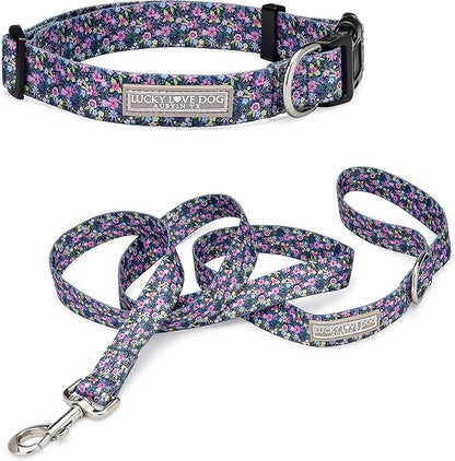 Lucky Love Dog, Matching Dog Collar & Leash Set for Female Dogs, Soft, Adjustable, Safe for Training and Walking, Black & Purple Floral Print, Primrose Combo, XS LuckyLoveDog