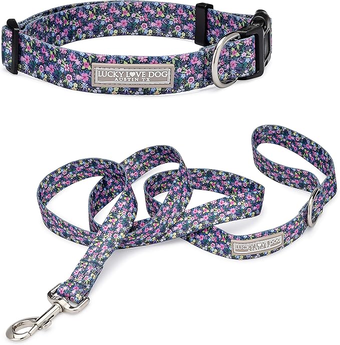 Lucky Love Dog, Matching Dog Collar & Leash Set for Female Dogs, Soft, Adjustable, Safe for Training and Walking, Black & Purple Floral Print, Primrose Combo, Large LuckyLoveDog