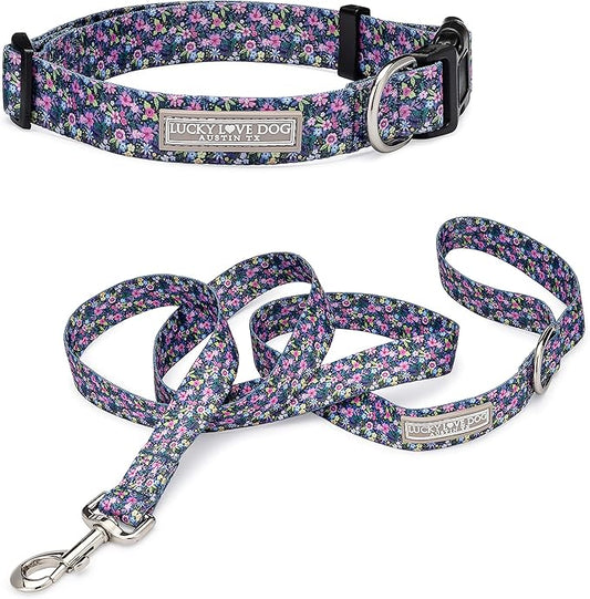 Lucky Love Dog, Matching Dog Collar & Leash Set for Female Dogs, Soft, Adjustable, Safe for Training and Walking, Black & Purple Floral Print, Primrose Combo, Small LuckyLoveDog