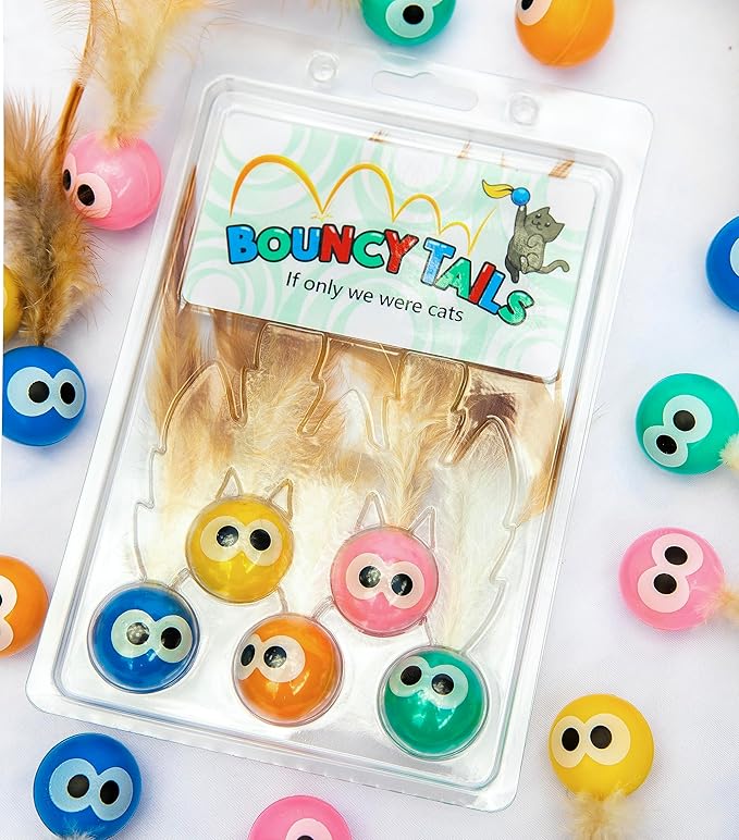 5 Pack Interactive Bouncy Ball with Natural Feathers for Indoor Cats and Kittens who Love to Play and Have Fun. - PAWPICO