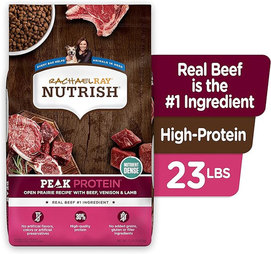 Rachael Ray Nutrish PEAK Natural Dry Dog Food, Open Prairie Recipe with Beef, Venison & Lamb, 23 Pounds, Grain Free (Packaging May Vary) - PAWPICO