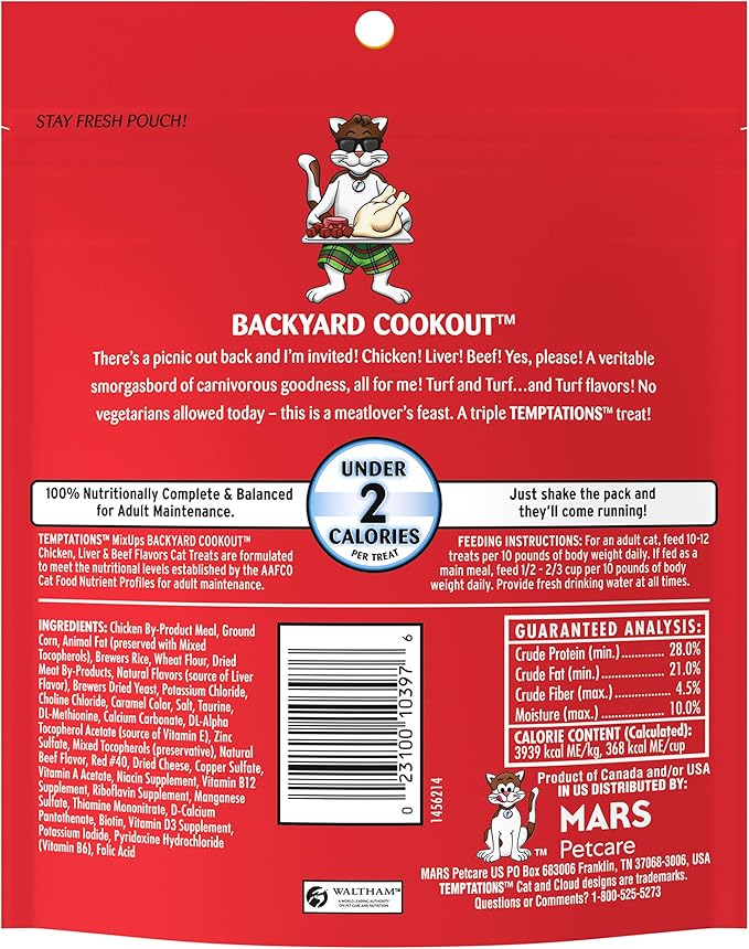 Temptations MixUps Backyard Cookout Flavor Crunchy and Soft Cat Treats, 6.3 oz. Pouch (Pack of 10) Temptations