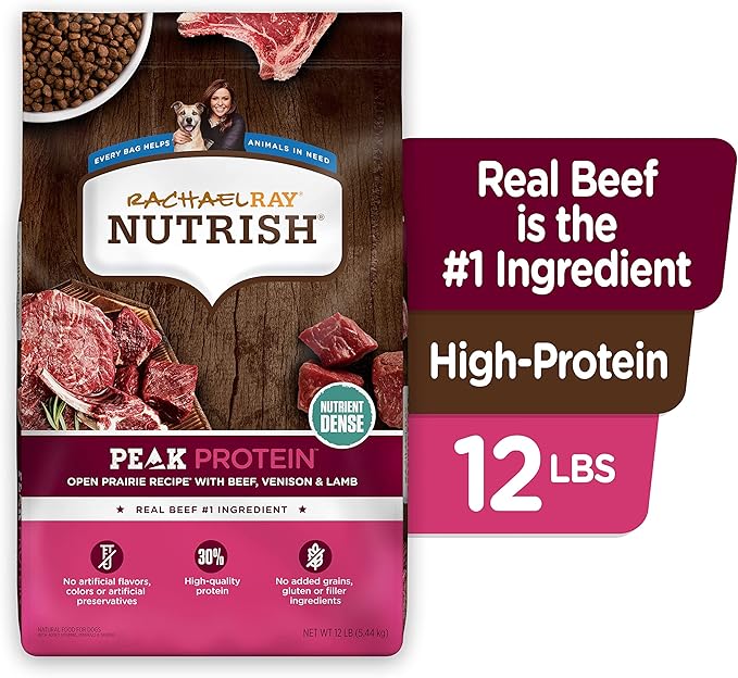 Rachael Ray Nutrish PEAK Natural Dry Dog Food, Open Prairie Recipe with Beef, Venison & Lamb, 12 Pounds, Grain Free (Packaging May Vary) - PAWPICO
