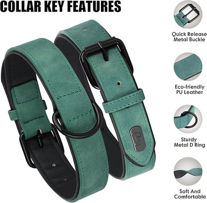Didog Soft Padded Leather Dog Collar, Breathable Heavy Duty Dog Collar Leather with Adjustable Rust-Proof Metal Buckle for Small Medium Large Dogs, Green, L Didog