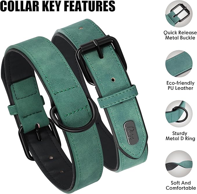 Didog Soft Padded Leather Dog Collar, Breathable Heavy Duty Dog Collar Leather with Adjustable Rust-Proof Metal Buckle for Small Medium Large Dogs, Green, S Didog