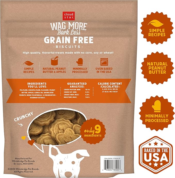 Cloud Star Wag More Bark Less - Dog Treats - Crunchy Biscuits - Grain Free Peanut Butter & Apples - 2.5 lb Pouch - PAWPICO
