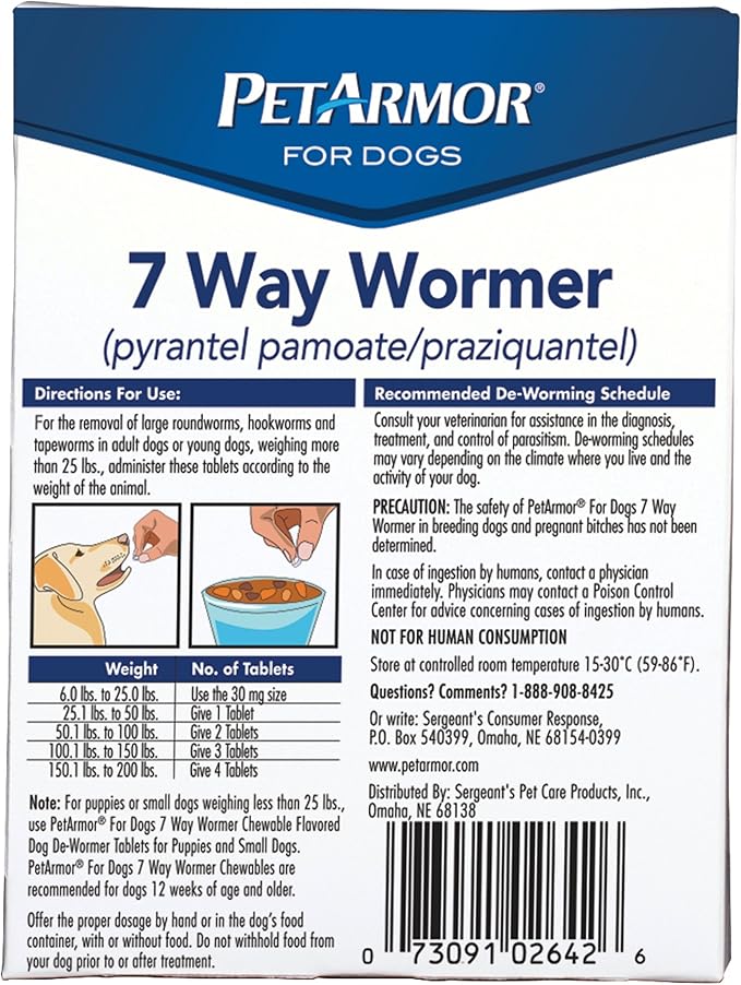PetArmor 7 Way De-Wormer for Dogs, Oral Treatment for Tapeworm, Roundworm & Hookworm in Large Dogs & Puppies (Over 25 lbs), Worm Remover (Praziquantel & Pyrantel Pamoate), 2 Flavored Chewables PetArmor