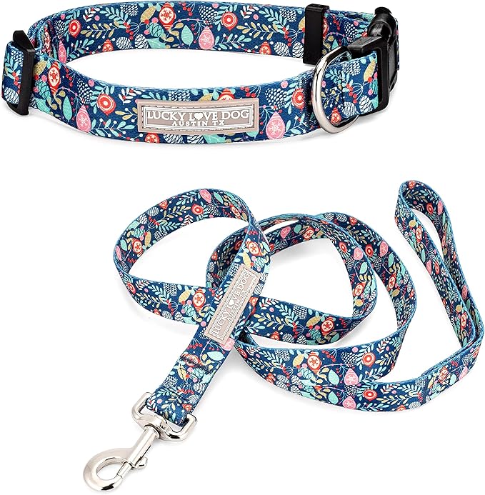 Lucky Love Dog, Blue Winter Pinecones Dog Collar and Leash Set, Vivid Winter Ornaments Dog Collar and Leash for Girl or Boy Dogs - (Medium, SweetHoliday Combo) LuckyLoveDog