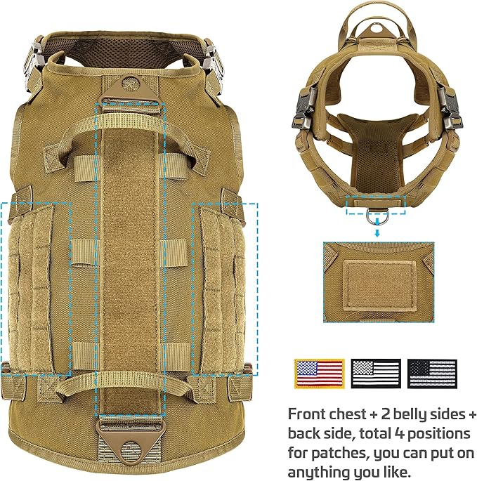 Forestpaw Tactical Dog Harness for Large Dogs,Tactical Dog Collar with Bungee Leash Set,No Pull Military Dog Harness for Dog Walking Training,Adjustable for Medium Large Dogs,Khaki M Forestpaw