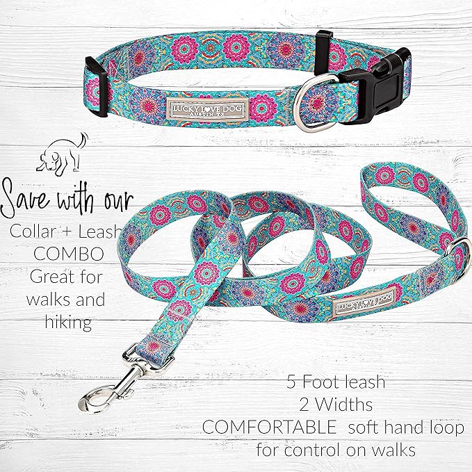 Lucky Love Dog, Boho Chic Dog Collar for Girl Boy Dogs, Vivid Pink and Turquoise Collar for Dogs, Comfortable, Soft, Cute Collars - (Mediuml, Clara Collar) LuckyLoveDog