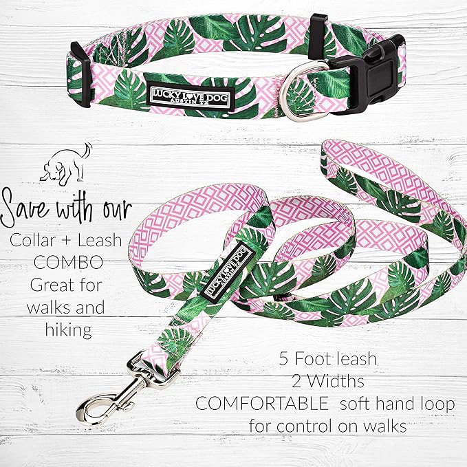 Lucky Love Dog, Tropical Matching Dog Collar & Leash Set, Soft & Comfy, Vivid Pink Color Collar and Leash for Female Male Dogs - (Medium, Laguna Combo) LuckyLoveDog