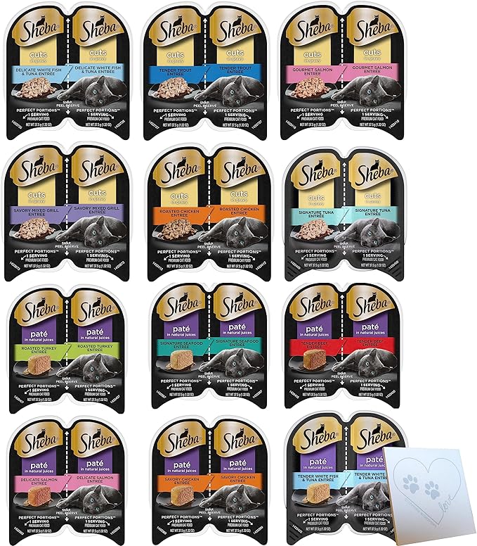 Huge Sheba Perfect Portions Variety Pack - Cuts and Pate - All Flavors: Beef, Chicken, Salmon, Turkey, Seafood, Whitefish, Mixed Grill, Shrimp, Trout, and Tuna (12cans, 24 Servings) - PAWPICO