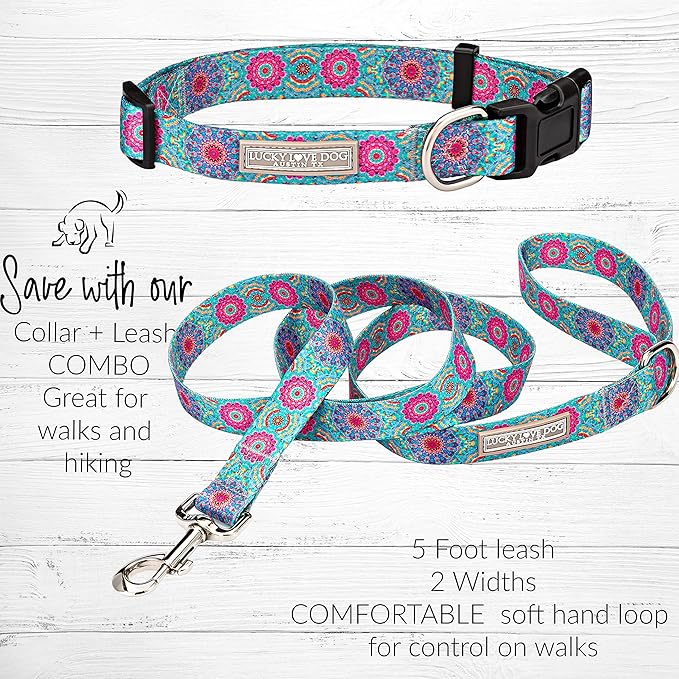 Lucky Love Dog, Boho Chic Matching Dog Collar and Leash Set, Vivid Pink and Turquoise Collar and Leash for Dogs, Soft, Adjustable, Safe for Training and Walking - (Medium, Clara Combo) LuckyLoveDog