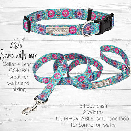 Lucky Love Dog, Boho Chic Matching Dog Collar and Leash Set, Vivid Pink and Turquoise Collar and Leash for Dogs, Soft, Adjustable, Safe for Training and Walking - (Small, Clara Combo) LuckyLoveDog