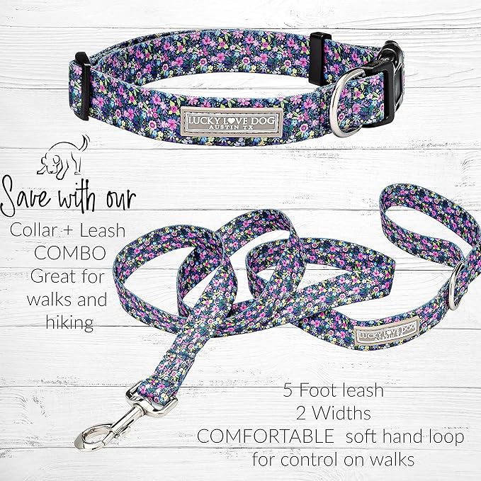 Lucky Love Dog, Matching Dog Collar & Leash Set for Female Dogs, Soft, Adjustable, Safe for Training and Walking, Black & Purple Floral Print, Primrose Combo, Large LuckyLoveDog